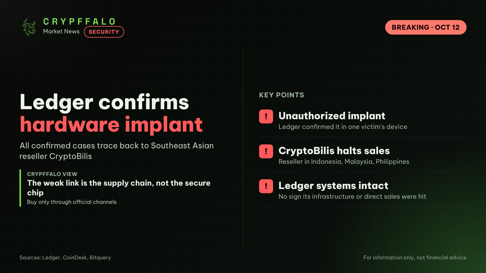 Ledger Confirms Hardware Implant in CryptoBilis Wallet as Losses Near $93M