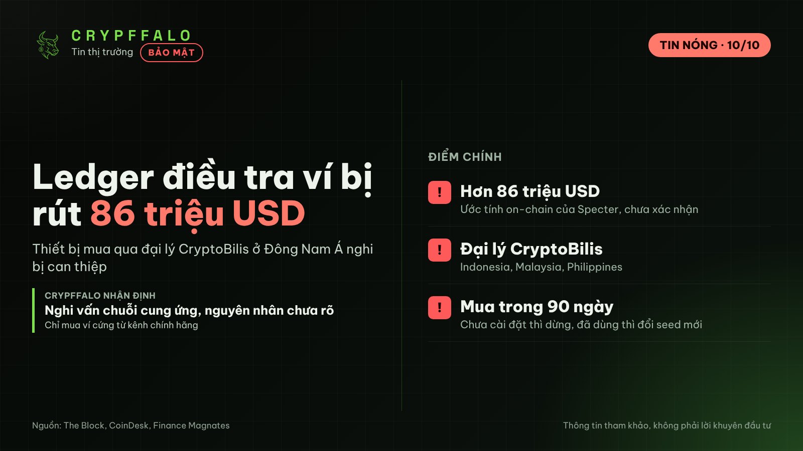 Ledger điều tra nghi vấn ví bị rút hơn 86 triệu USD qua đại lý CryptoBilis ở Đông Nam Á