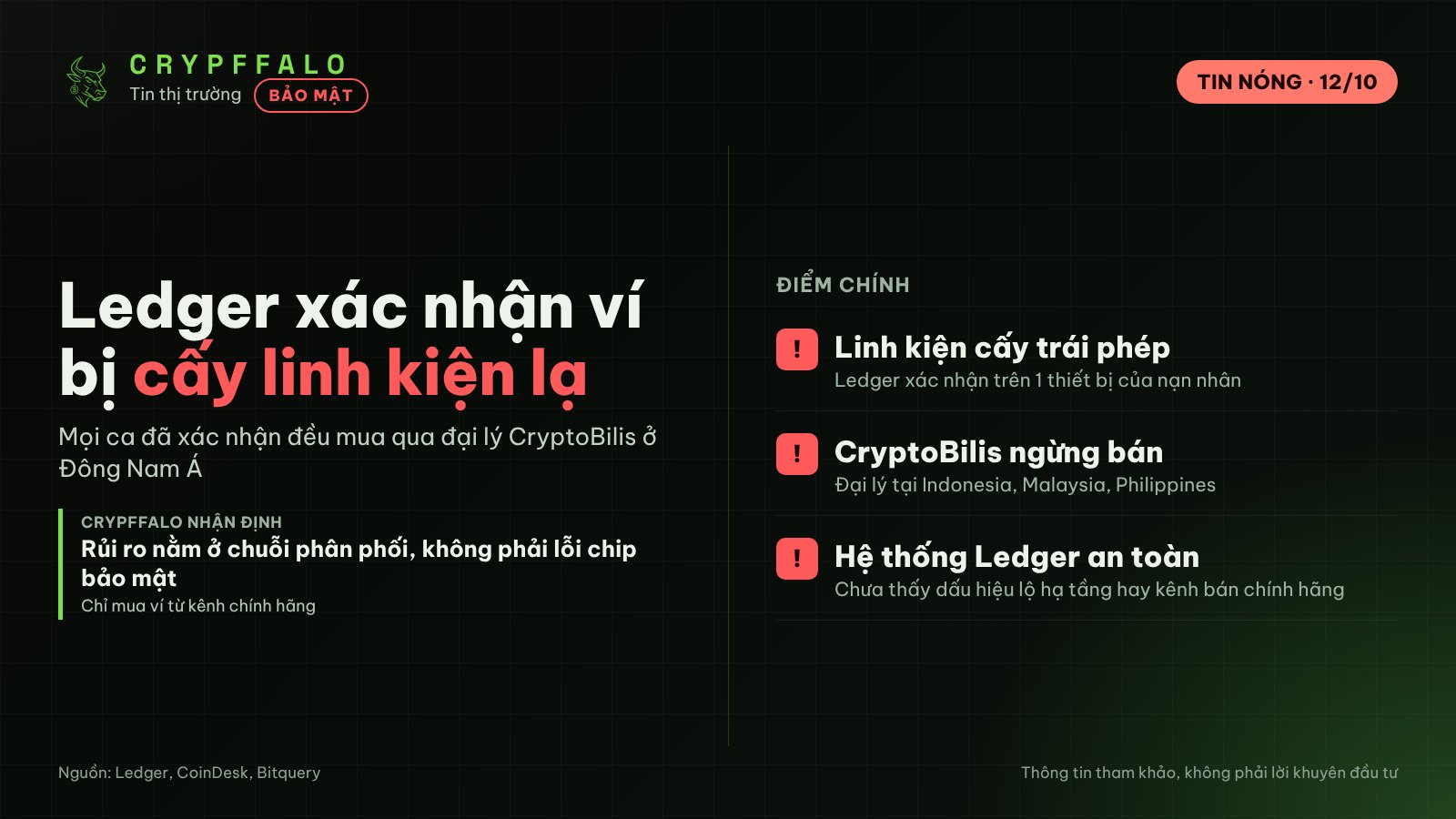 Ledger xác nhận ví bị cấy linh kiện lạ, thiệt hại ước tính 86–93 triệu USD