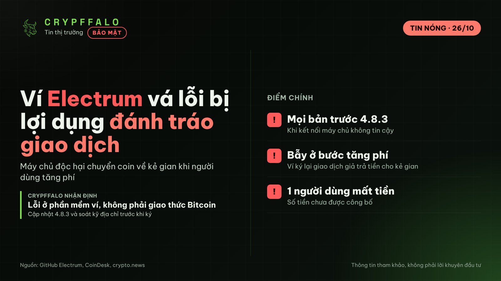 Ví Bitcoin Electrum vá lỗ hổng bị khai thác: máy chủ độc hại đánh tráo giao dịch